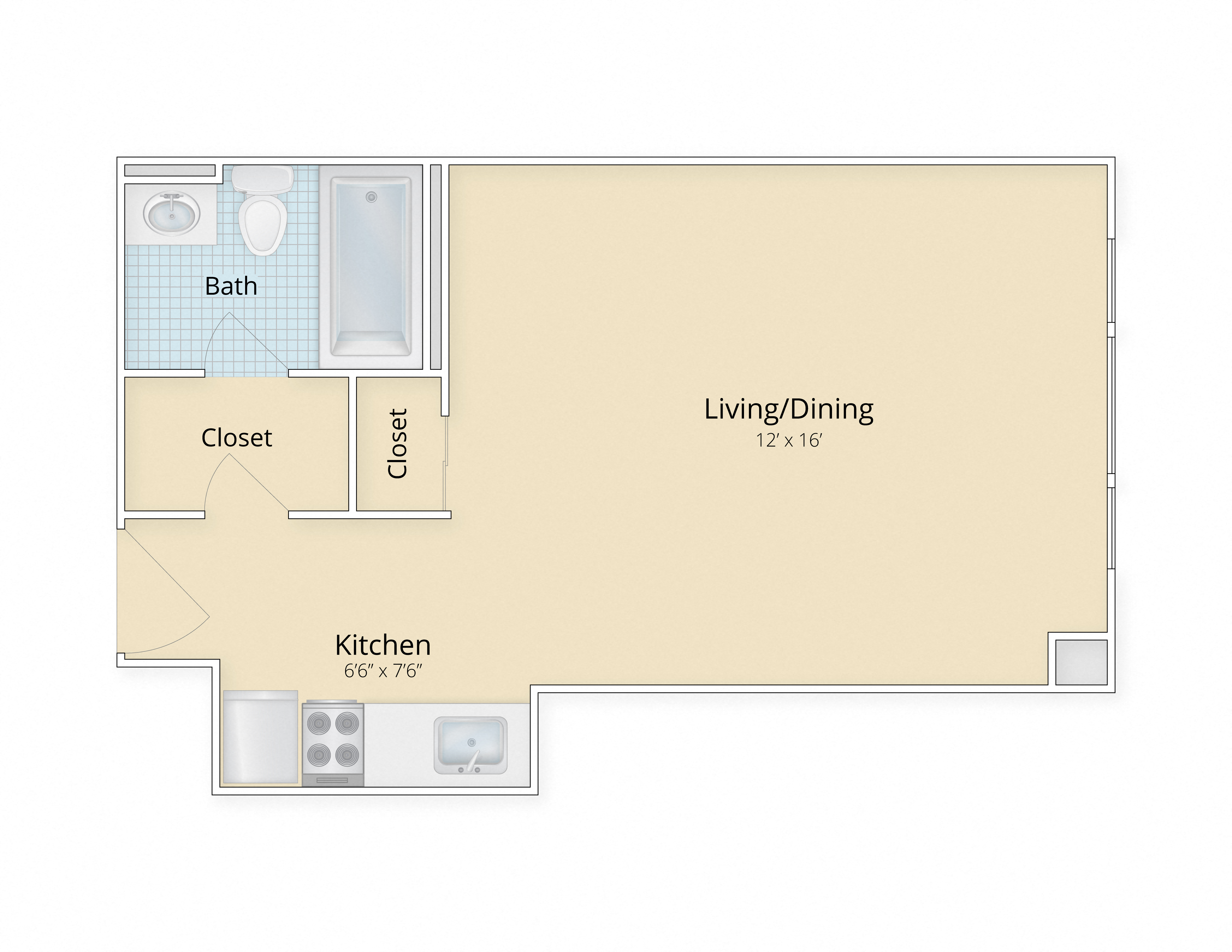 Floor plan for studio, 1 bath, 349 sqft